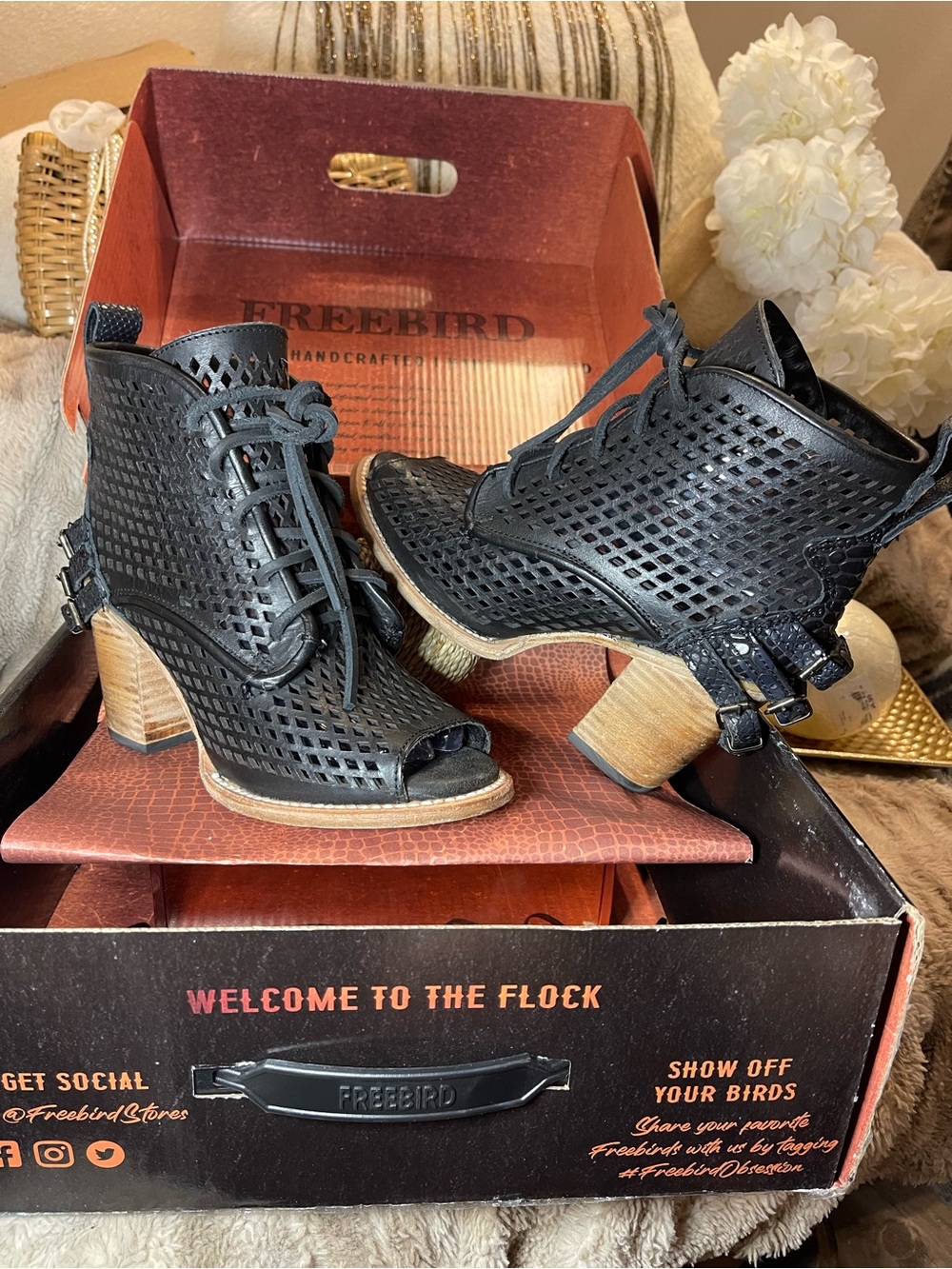 Freebird by Steven Black Perforated Leather Peep-Toe Ankle Booties